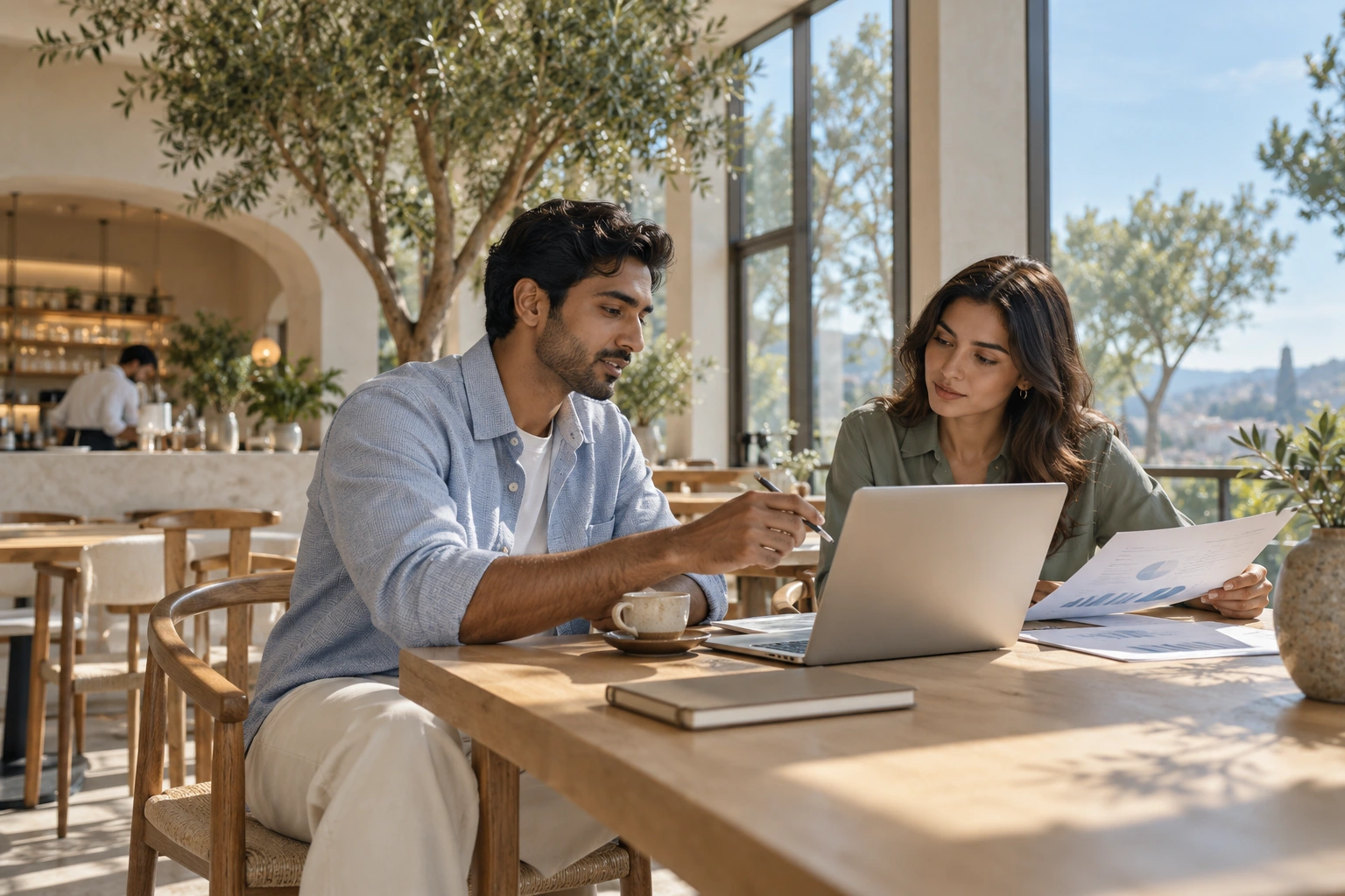 Illustrative entrepreneurs reviewing acquisition financials in a sunlit cafe
